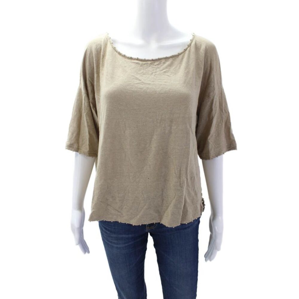 Purificacion Garcia Women's Short Sleeves Slit Hem Basic T-Shirt Beige Size L